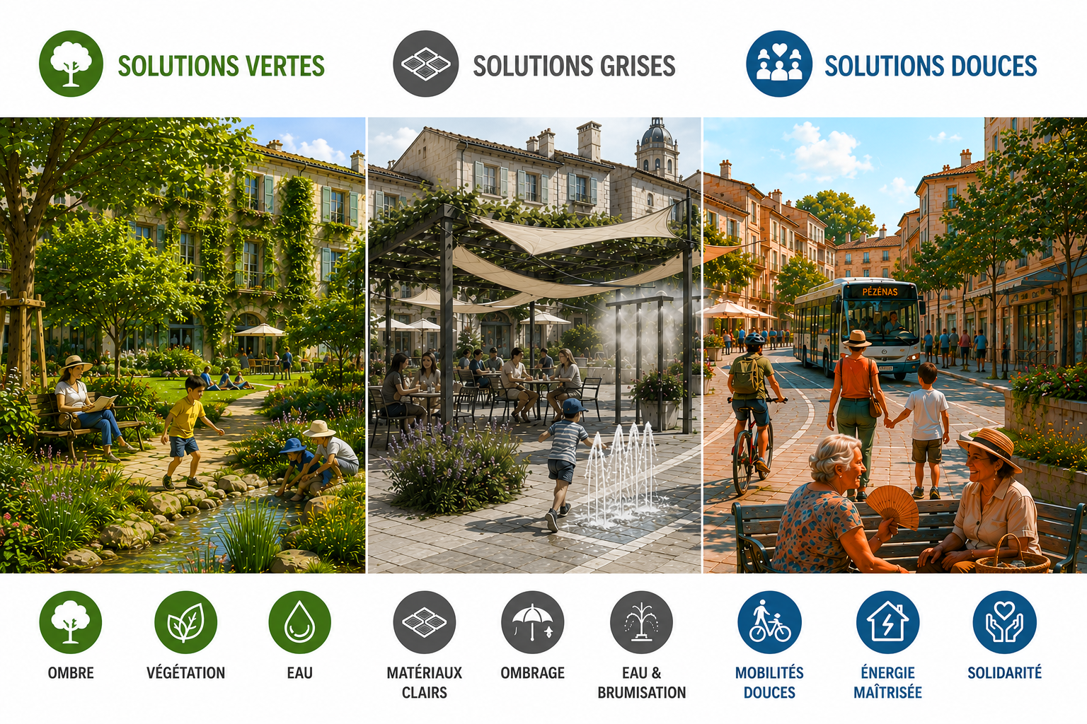 Illustration des trois familles de réponses contre la chaleur urbaine